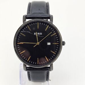 Burei Men's Watch 41MM Black Dial Date Black Leather‎ Band Straps New Battery